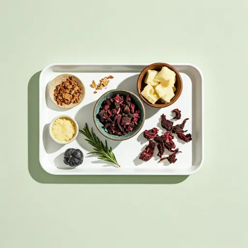 Raw botanical ingredients including shea butter and dried hibiscus